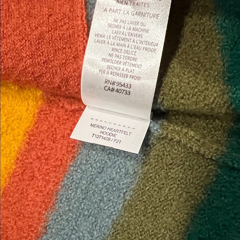 Toad & Co Heartfelt Merino Wool Hoodie in Orange/Yellow/Olive Green/Blue Medium - Picture 9 of 13